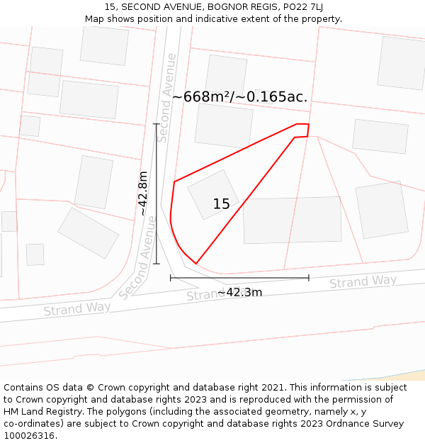 15, SECOND AVENUE, BOGNOR REGIS, PO22 7LJ: Plot and title map