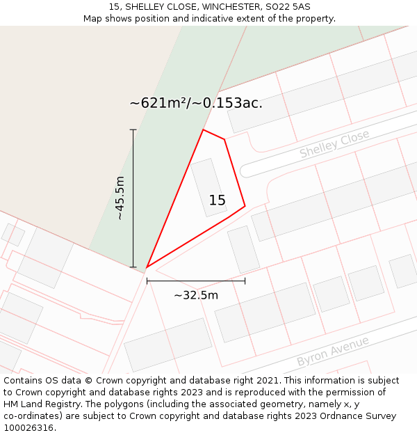 15, SHELLEY CLOSE, WINCHESTER, SO22 5AS: Plot and title map