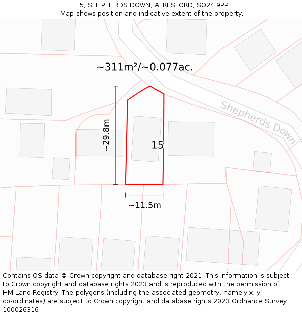 15, SHEPHERDS DOWN, ALRESFORD, SO24 9PP: Plot and title map