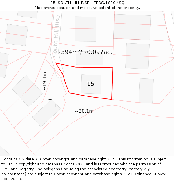 15, SOUTH HILL RISE, LEEDS, LS10 4SQ: Plot and title map
