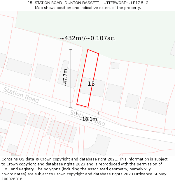 15, STATION ROAD, DUNTON BASSETT, LUTTERWORTH, LE17 5LG: Plot and title map