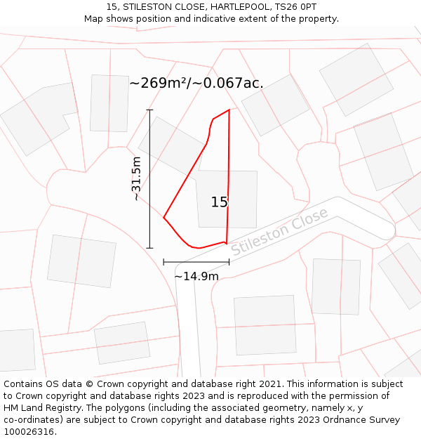 15, STILESTON CLOSE, HARTLEPOOL, TS26 0PT: Plot and title map