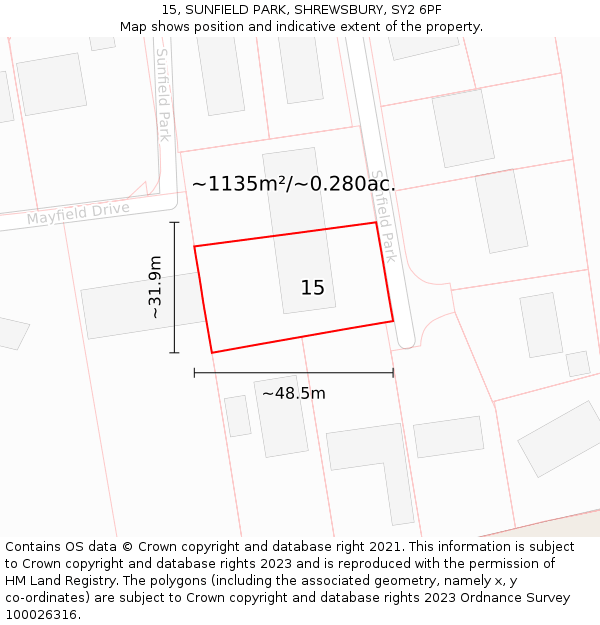 15, SUNFIELD PARK, SHREWSBURY, SY2 6PF: Plot and title map