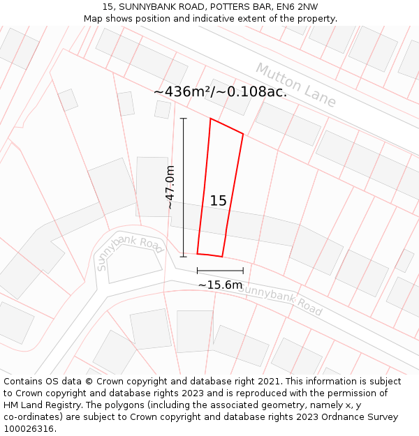 15, SUNNYBANK ROAD, POTTERS BAR, EN6 2NW: Plot and title map