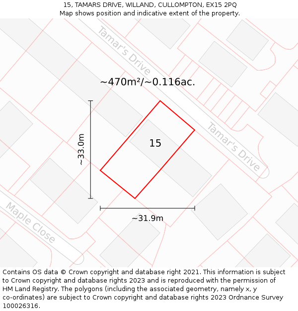 15, TAMARS DRIVE, WILLAND, CULLOMPTON, EX15 2PQ: Plot and title map