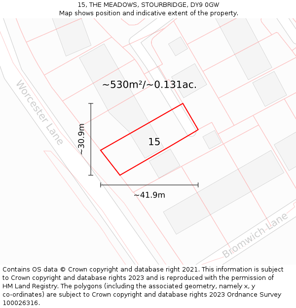 15, THE MEADOWS, STOURBRIDGE, DY9 0GW: Plot and title map