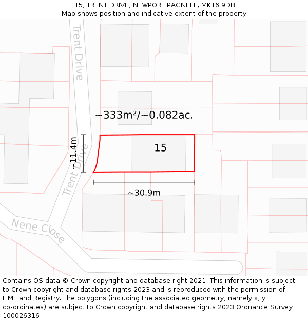 15, TRENT DRIVE, NEWPORT PAGNELL, MK16 9DB: Plot and title map