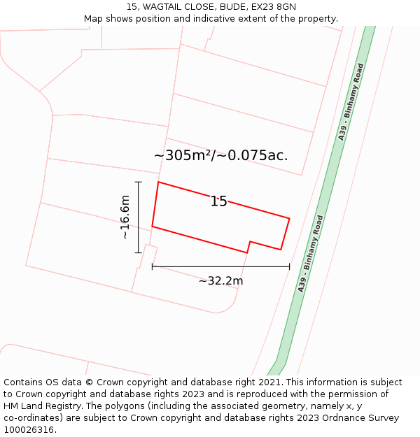 15, WAGTAIL CLOSE, BUDE, EX23 8GN: Plot and title map