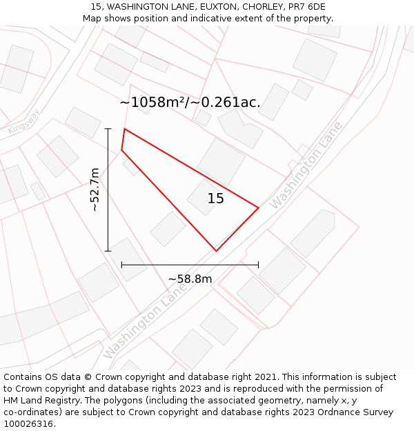 15, WASHINGTON LANE, EUXTON, CHORLEY, PR7 6DE: Plot and title map