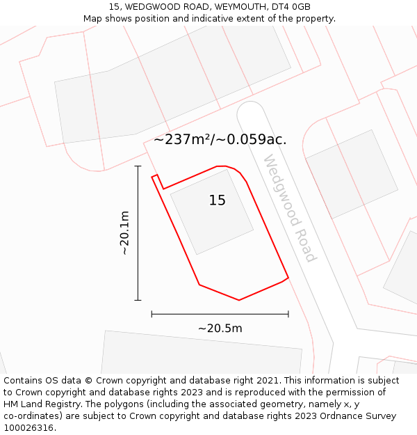 15, WEDGWOOD ROAD, WEYMOUTH, DT4 0GB: Plot and title map