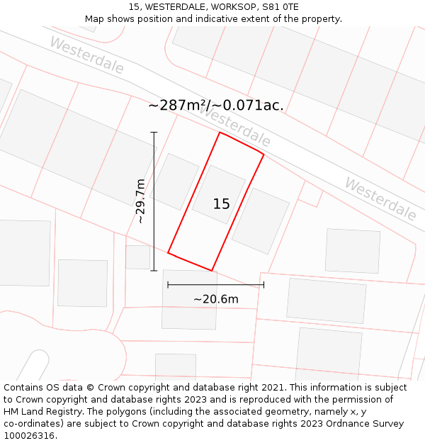 15, WESTERDALE, WORKSOP, S81 0TE: Plot and title map