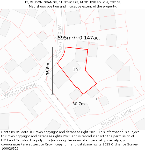 15, WILDON GRANGE, NUNTHORPE, MIDDLESBROUGH, TS7 0RJ: Plot and title map