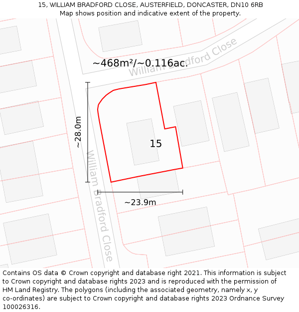 15, WILLIAM BRADFORD CLOSE, AUSTERFIELD, DONCASTER, DN10 6RB: Plot and title map