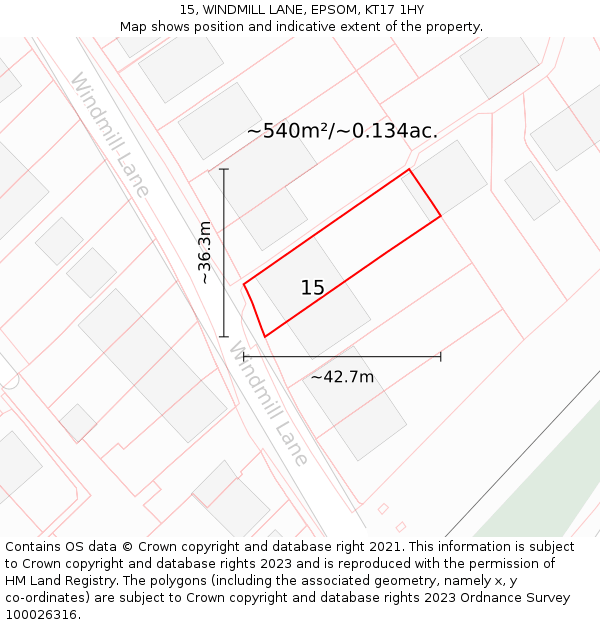 15, WINDMILL LANE, EPSOM, KT17 1HY: Plot and title map