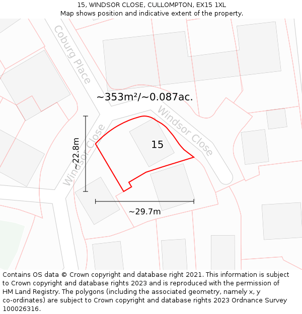 15, WINDSOR CLOSE, CULLOMPTON, EX15 1XL: Plot and title map