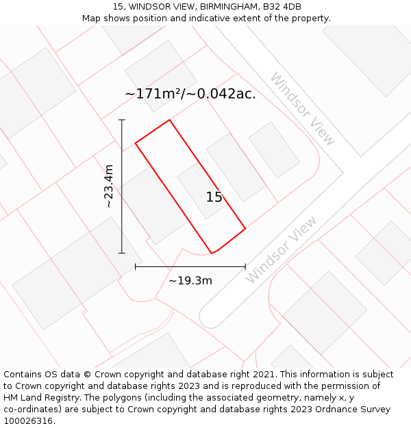 15, WINDSOR VIEW, BIRMINGHAM, B32 4DB: Plot and title map