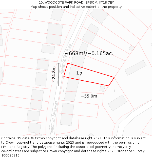 15, WOODCOTE PARK ROAD, EPSOM, KT18 7EY: Plot and title map