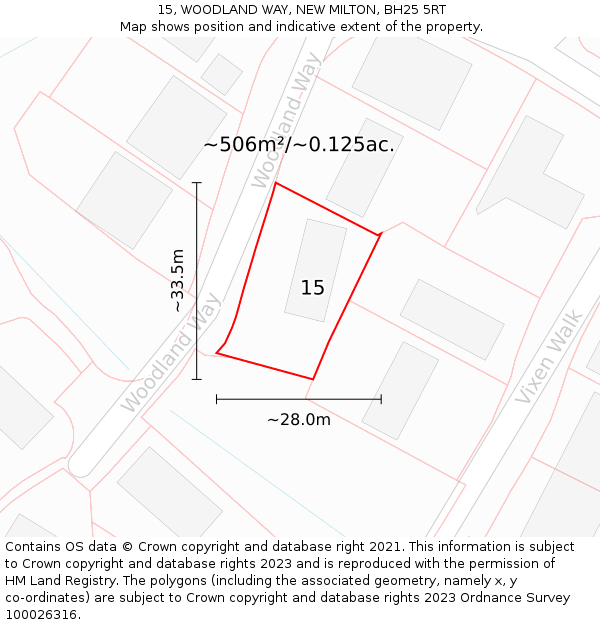 15, WOODLAND WAY, NEW MILTON, BH25 5RT: Plot and title map