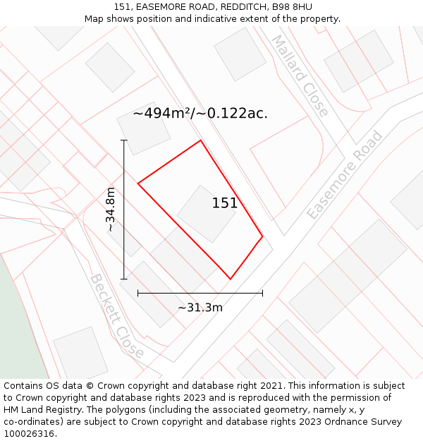 151, EASEMORE ROAD, REDDITCH, B98 8HU: Plot and title map