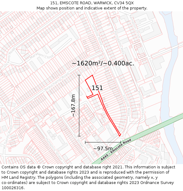 151, EMSCOTE ROAD, WARWICK, CV34 5QX: Plot and title map