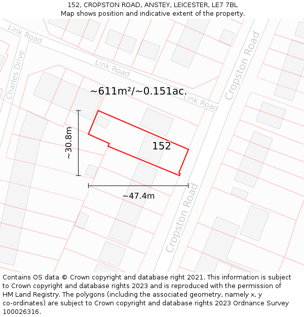 152, CROPSTON ROAD, ANSTEY, LEICESTER, LE7 7BL: Plot and title map