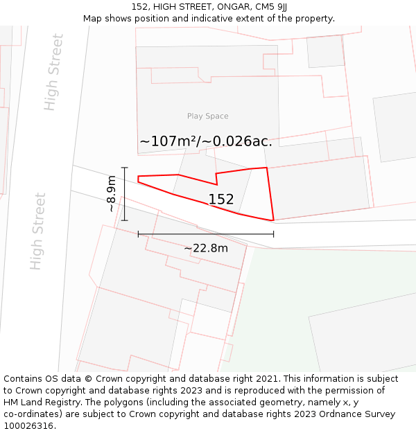 152, HIGH STREET, ONGAR, CM5 9JJ: Plot and title map