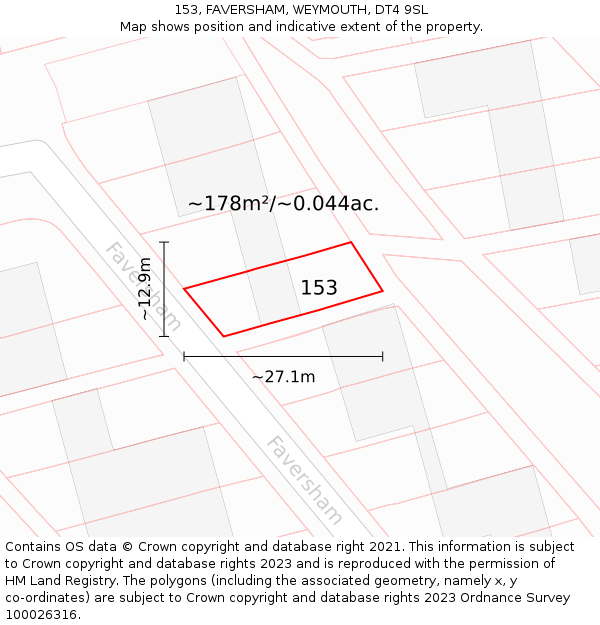 153, FAVERSHAM, WEYMOUTH, DT4 9SL: Plot and title map