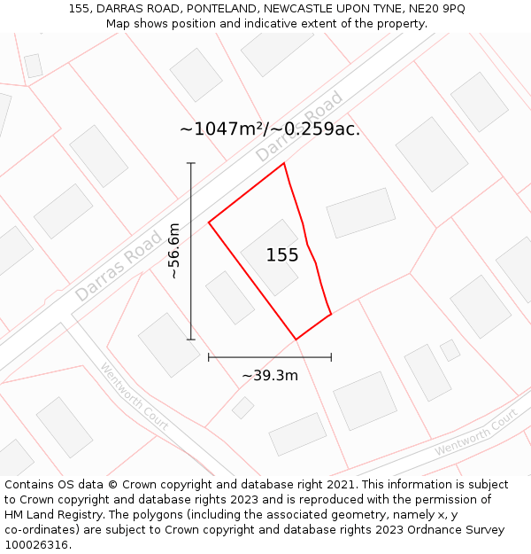 155, DARRAS ROAD, PONTELAND, NEWCASTLE UPON TYNE, NE20 9PQ: Plot and title map