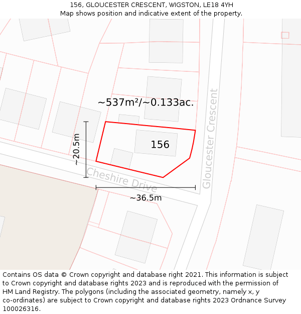 156, GLOUCESTER CRESCENT, WIGSTON, LE18 4YH: Plot and title map