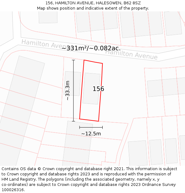 156, HAMILTON AVENUE, HALESOWEN, B62 8SZ: Plot and title map