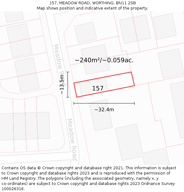 157, MEADOW ROAD, WORTHING, BN11 2SB: Plot and title map