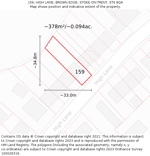 159, HIGH LANE, BROWN EDGE, STOKE-ON-TRENT, ST6 8QA: Plot and title map