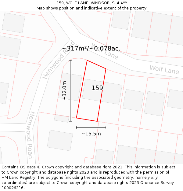 159, WOLF LANE, WINDSOR, SL4 4YY: Plot and title map