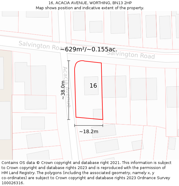 16, ACACIA AVENUE, WORTHING, BN13 2HP: Plot and title map