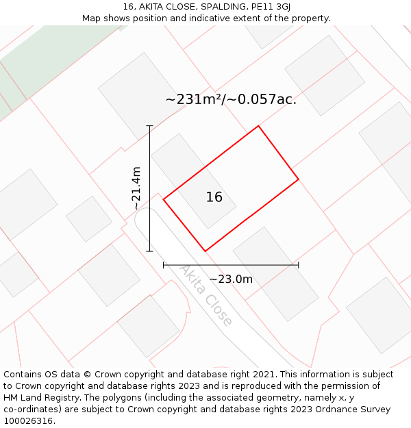 16, AKITA CLOSE, SPALDING, PE11 3GJ: Plot and title map