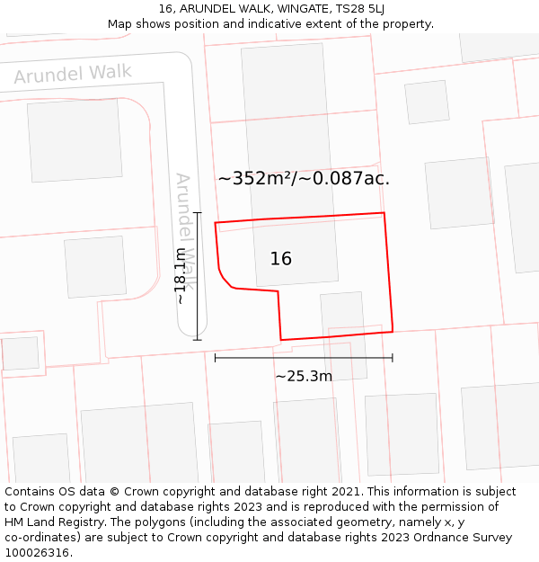 16, ARUNDEL WALK, WINGATE, TS28 5LJ: Plot and title map