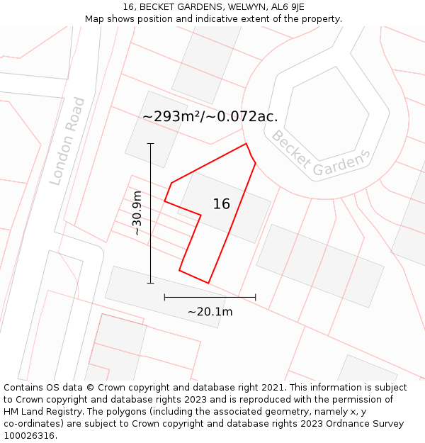 16, BECKET GARDENS, WELWYN, AL6 9JE: Plot and title map