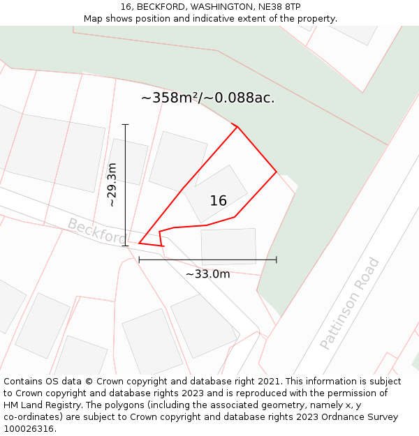 16, BECKFORD, WASHINGTON, NE38 8TP: Plot and title map