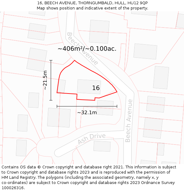 16, BEECH AVENUE, THORNGUMBALD, HULL, HU12 9QP: Plot and title map