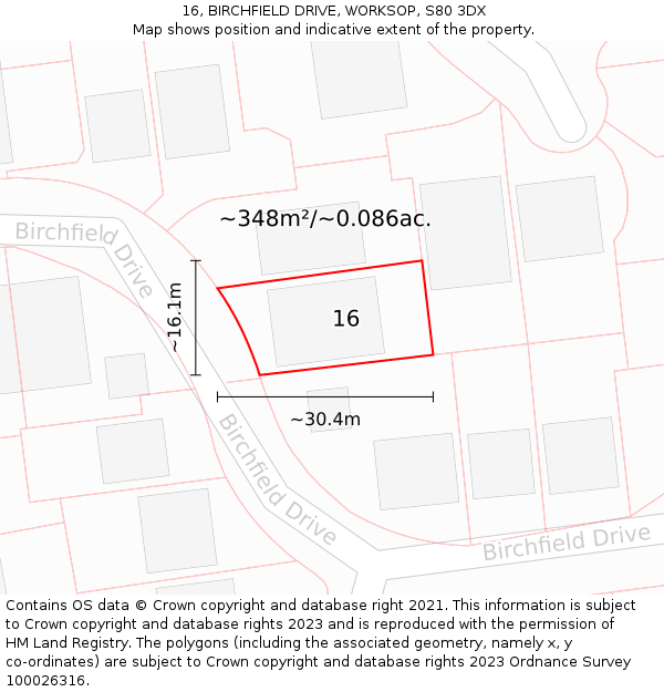 16, BIRCHFIELD DRIVE, WORKSOP, S80 3DX: Plot and title map