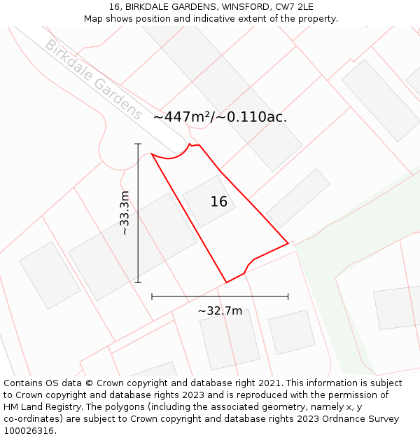 16, BIRKDALE GARDENS, WINSFORD, CW7 2LE: Plot and title map