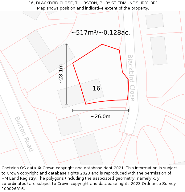 16, BLACKBIRD CLOSE, THURSTON, BURY ST EDMUNDS, IP31 3PF: Plot and title map