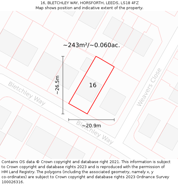 16, BLETCHLEY WAY, HORSFORTH, LEEDS, LS18 4FZ: Plot and title map