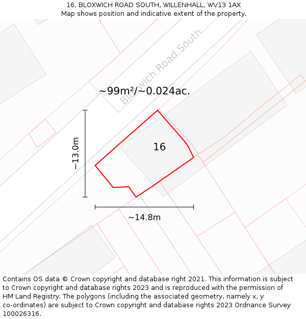 16, BLOXWICH ROAD SOUTH, WILLENHALL, WV13 1AX: Plot and title map