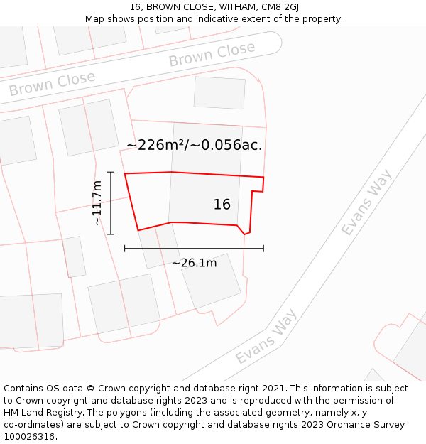 16, BROWN CLOSE, WITHAM, CM8 2GJ: Plot and title map