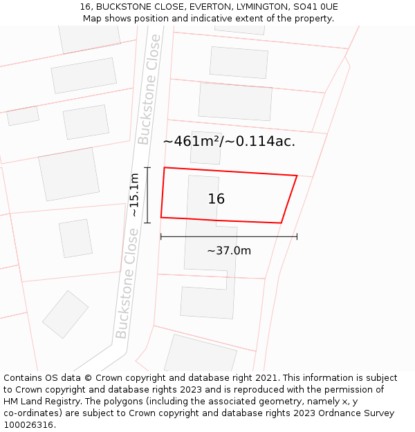 16, BUCKSTONE CLOSE, EVERTON, LYMINGTON, SO41 0UE: Plot and title map