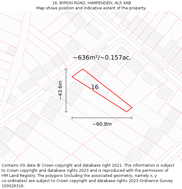 16, BYRON ROAD, HARPENDEN, AL5 4AB: Plot and title map