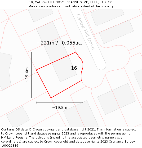 16, CALLOW HILL DRIVE, BRANSHOLME, HULL, HU7 4ZL: Plot and title map