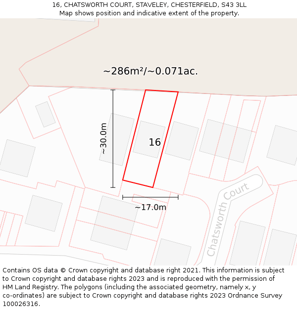 16, CHATSWORTH COURT, STAVELEY, CHESTERFIELD, S43 3LL: Plot and title map