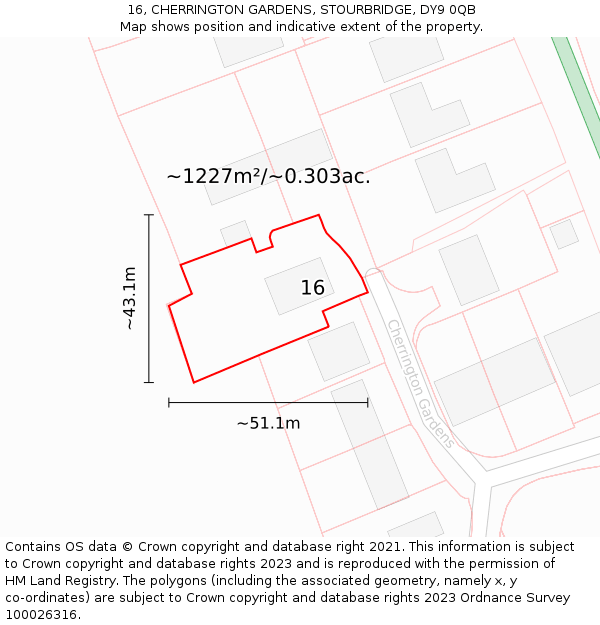 16, CHERRINGTON GARDENS, STOURBRIDGE, DY9 0QB: Plot and title map